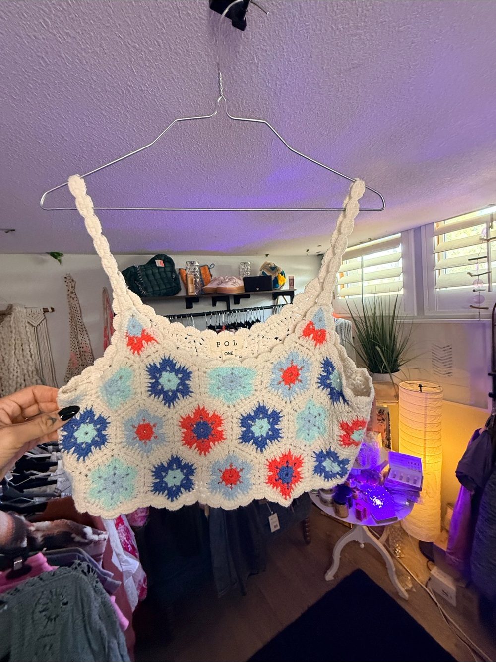 POL Cream Crochet Floral Crop Top with Blue & Red Accents